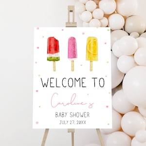 Panneau de bienvenue modifiable pour baby shower, elle est prête à pop affiche de bienvenue de baby shower, fille prête à pop baby shower d&#39;été rose, 0786