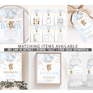 May include: Blue and beige baby shower invitation with a teddy bear holding balloons. The invitation says "We can barely wait BABY" and "Gavin is on the way!"  The invitation also includes the text "Samantha Smith" and the date and time of the baby shower.