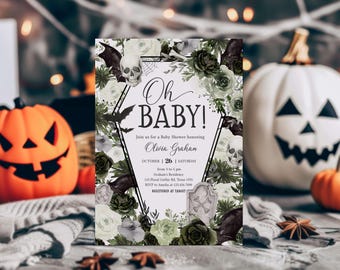 Editable Floral Gothic Halloween Baby Shower Invitation, Gender Neutral Skull Baby Shower Invite, Vampire Coffin Bat Baby Shower Invite 0950