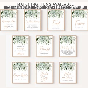 May include: Ten printable signs with a watercolor design of green succulents and white flowers. The signs have text in a peachy-orange color. The signs include: "Momosa Bar", "Late Night Drinks", "Food", "Favors", "Please help the mom-to-be by making yourself the addressee", "Drinks", "Don't Say Baby", "Diaper Raffle", "Books & Gifts", and "Babies are Sweet".