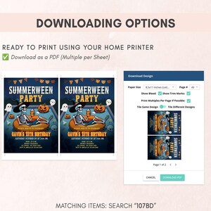 The image is a screenshot of a website that offers multiple print options for a Halloween party invitation. The website allows users to print the invitation in different sizes and page layouts, as well as print multiple copies of the same design.