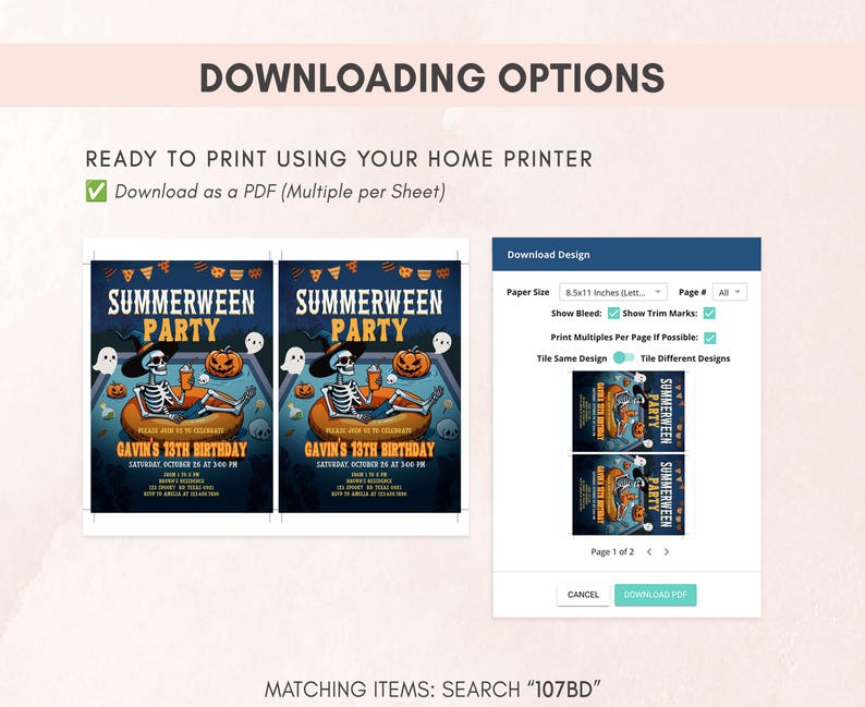The image is a screenshot of a website that offers multiple print options for a Halloween party invitation. The website allows users to print the invitation in different sizes and page layouts, as well as print multiple copies of the same design.