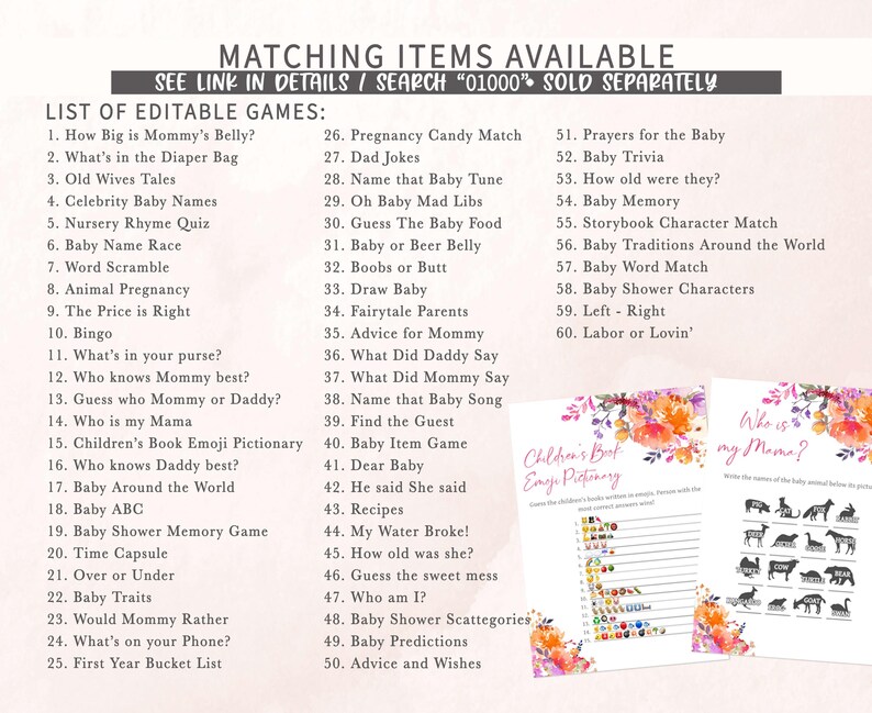 a list of matching items available for a baby shower
