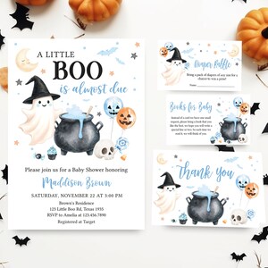 Editable A Little Boo is Almost Due Baby Shower Invitation Bundle, Blue Spooky Ghost Baby Shower Invite, Boy Halloween Baby Invite Set 01149