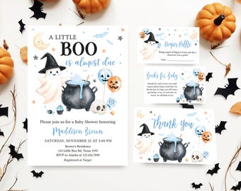 Editable A Little Boo is Almost Due Baby Shower Invitation Bundle, Blue Spooky Ghost Baby Shower Invite, Boy Halloween Baby Invite Set 01149