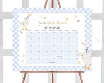 May include: A blue and white gingham baby shower sign with a calendar for guests to guess the baby's birth date. The sign features the text "Guess Baby Gavin's Birth Date" and two illustrations of white ducks with blue ribbons.