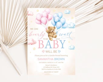 Editable Bear Gender Reveal Invitation, We Can Bearly Wait Gender Reveal Party Invite, Pink Blue Balloons Teddy Bear Invite Template, GR4