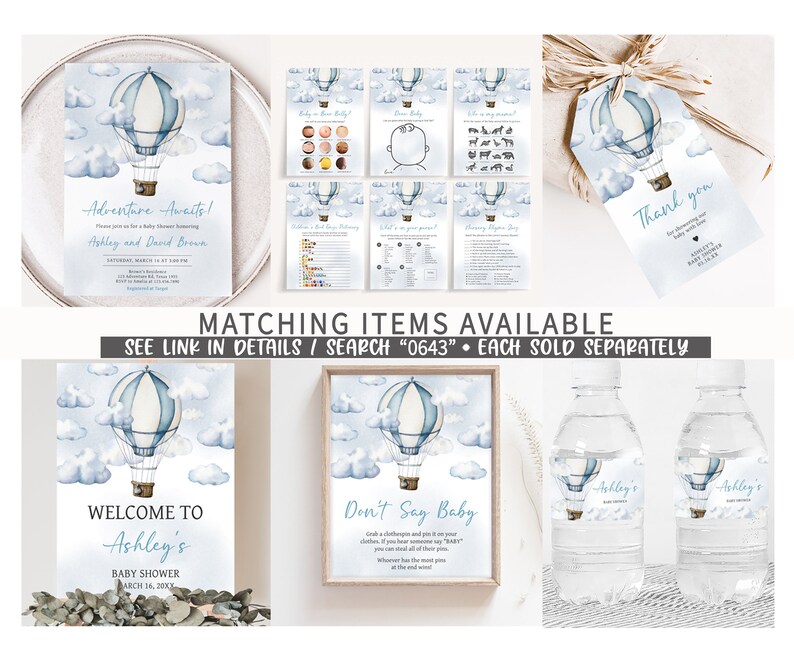 Editable Adventure Awaits Baby Shower Due Date Calendar, Blue Hot Air Balloon Baby Shower Calendar, Adventure Awaits Boy Baby Shower, 0643 image 2
