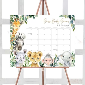 Bearbeitbar Ein kleiner wilder Dschungel-Babyparty-Fälligkeitskalender, Mädchen-Dschungel-Babypartykalender, grüne Blumensafari-Babyparty, 0602