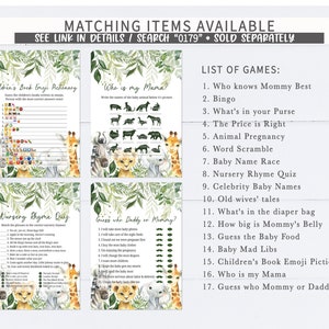May include: A set of printable baby shower games with a jungle theme. The games include "Who is my Mama?", "Children's Book Emoji Pictionary", "Nursery Rhyme Quiz", and "Guess who Daddy or Mommy?" The games feature a green, brown, and yellow color scheme with illustrations of animals like giraffes, lions, and elephants.