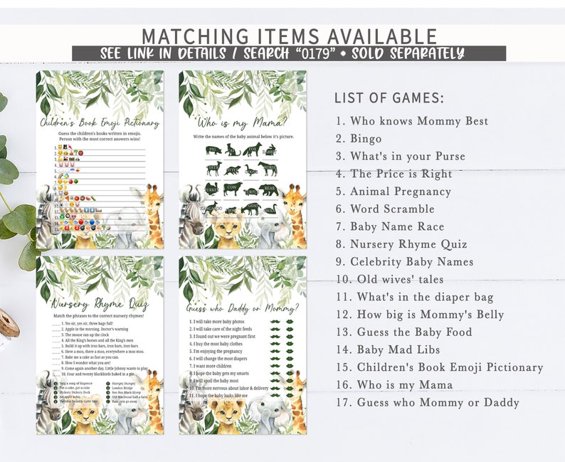May include: A set of printable baby shower games with a jungle theme. The games include "Who is my Mama?", "Children's Book Emoji Pictionary", "Nursery Rhyme Quiz", and "Guess who Daddy or Mommy?" The games feature a green, brown, and yellow color scheme with illustrations of animals like giraffes, lions, and elephants.