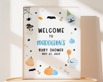 Editable Blue A Little Boo Baby Shower Welcome Sign, Blue Ghost Halloween Baby Shower Welcome Poster, Boy Halloween Address Sign Decor 0367