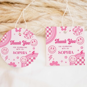 Editable Retro Smiley Face Birthday Round Favor Tag, Pink Checkered Smiley Face Favors, Preppy Tween Birthday Tag, Happy Face Birthday, 75BD