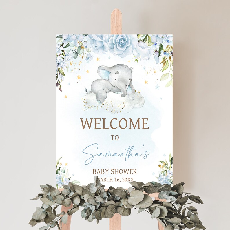 Bewerkbaar welkomstbord babyshower blauwe olifant, welkomstposter babyshower blauwe olifant olifant, blauwe bloemen babyshower jongen, 0636 afbeelding 1