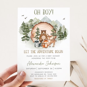 Editable Let the Adventure Begin Baby Shower Invitation, Forest Woodland Baby Shower Invite, Boy Adventure Baby Shower Invite Template, 0495