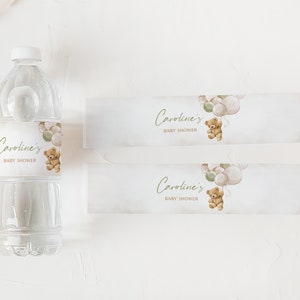 Redigerbar könsneutral etikett med björnmotiv för babyshower, vattenetikett med björnmotiv för babyshower, gröna klistermärken med ballongbjörnmotiv för flaskor, 0526 bild 3