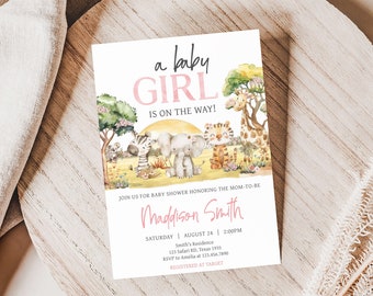 Bewerkbare babyshower babyshower safari babymeisje, bloemen jungle safari babyshower uitnodiging, roze safari dieren babyshower uitnodiging, 0840