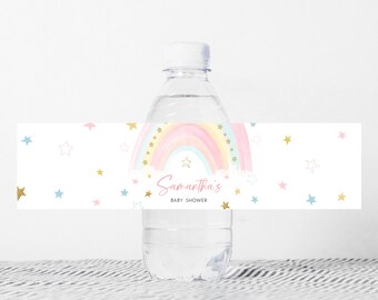Könnte beinhalten: Wasserflaschenetikett mit einem Regenbogen und Sternen. Das Etikett lautet "Samantha's Baby Shower".