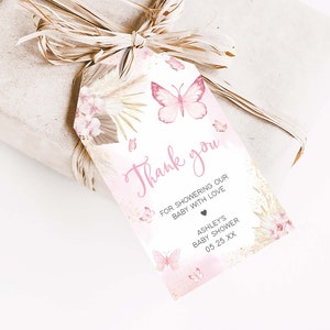 Editable Pink Butterfly Baby Shower Favor Tag, Boho Floral Baby Shower Gift Tag, Girl Pampas Grass Butterfly Baby Shower Thank You Tag, 0689 image 3