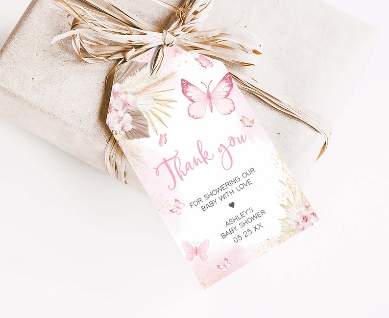 Editable Pink Butterfly Baby Shower Favor Tag, Boho Floral Baby Shower Gift Tag, Girl Pampas Grass Butterfly Baby Shower Thank You Tag, 0689 image 3