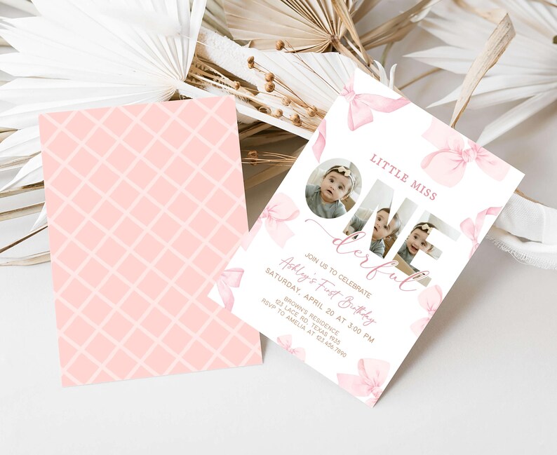 a photo of a baby girl on a pink and white card