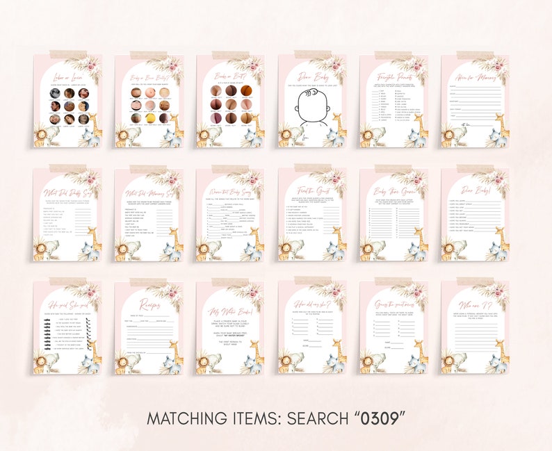 Editable Boho Safari Baby Shower Games Bundle, Pink Floral Jungle Baby Shower Game Pack, Girl Safari Animals Boho Baby Shower Games, 0309 image 2