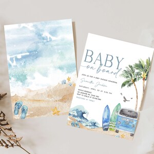 Bewerkbare baby aan boord van baby shower uitnodiging, Surf Beach baby shower uitnodiging, retro Surf Boy zomer baby shower uitnodiging sjabloon, 0709 afbeelding 2