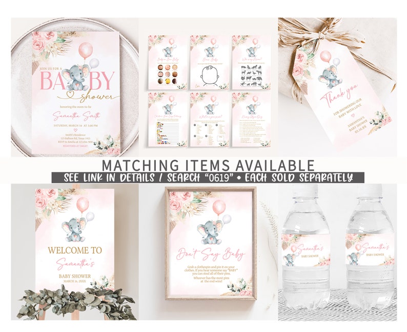 May include: A pink and gold baby shower invitation with a cute elephant holding a pink balloon. The invitation says "Join us for a Baby Shower" and includes the name "Samantha Smith".