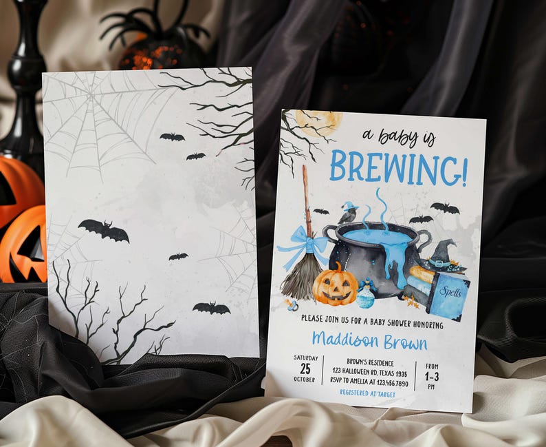 A Halloween-themed baby shower invitation featuring bats, a cauldron, and a pumpkin, with the text "a baby is BREWING!"