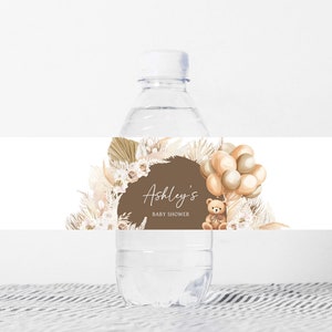 Editable Bear Balloons Baby Shower Bottle Label, We Can Bearly Wait Boho Baby Shower Water Labels, Brown Teddy Bear Bottle Stickers, 0694 image 1