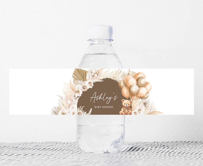 Editable Bear Balloons Baby Shower Bottle Label, We Can Bearly Wait Boho Baby Shower Water Labels, Brown Teddy Bear Bottle Stickers, 0694 image 1