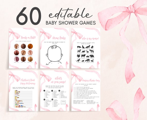 thumbnail image 2 of Pink Bow Baby Shower Games Kit - 4 Games For 25 Guests With Guess Who Cards 2 of 9