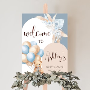 Editable Bear Baby Shower Welcome Sign, We Can Bearly Wait Boho Baby Shower Welcome Poster, Blue Balloon Arch Boy Baby Shower Sign, 0690