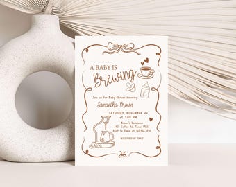 Invitación editable para baby shower "Un bebé está naciendo", invitación de café dibujada a mano, invitación de café neutro y caprichosa, 01157