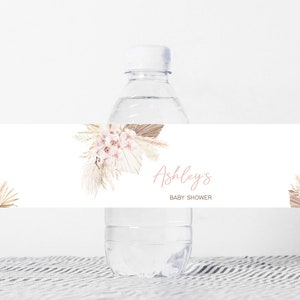 Bewerkbaar roze boho baby shower fles label, meisje pampagras baby shower water label, rustieke boho bloemen baby shower fles stickers, 0600