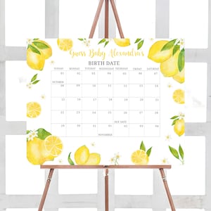Bearbeitbarer Zitronen-Babyparty-Fälligkeitskalender, Zitrus-Sommer-Babypartykalender Geschlechtsneutrale Limonade Geburtstagsvorhersage Vorlage 0264