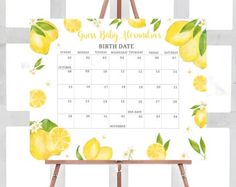 Bewerkbare citroen babyshower vervaldatum kalender, citrus zomer babyshower kalender genderneutraal limonade verjaardagsvoorspelling sjabloon 0264