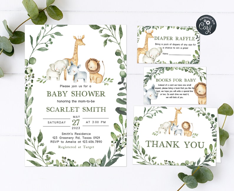 Editable Safari Baby Shower Invitation Set Jungle Baby Shower Etsy