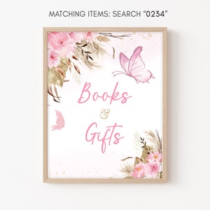 Boho vlinder babyshower boeken en cadeaus bord, roze vlinder douche geschenken tafel bord, boho baby vlinders afdrukbare sjabloon 0234