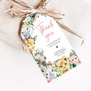 Editable A Little Wild One Jungle Baby Shower Favor Tags, Girl Jungle Baby Shower Gift Tags, Greenery Floral Safari Thank You Tags, 0602 image 3