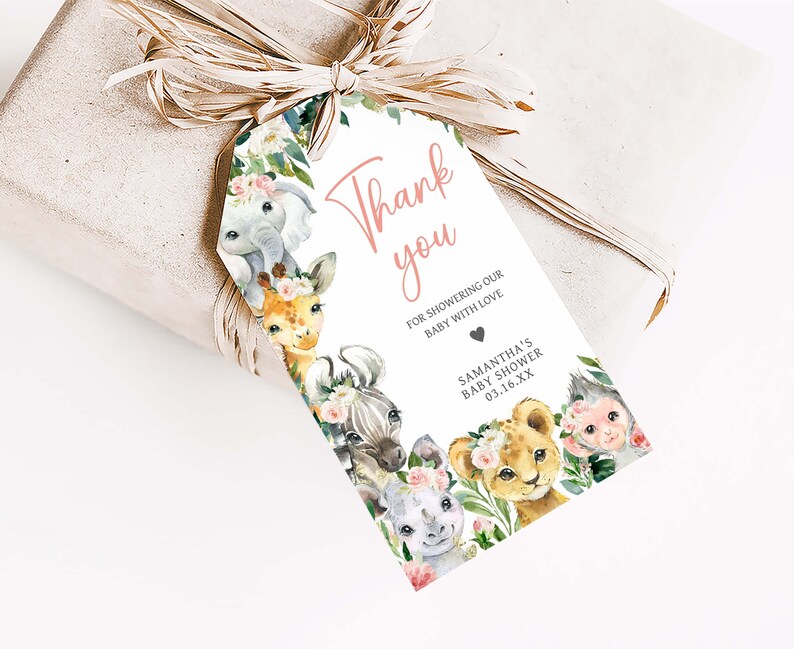 Editable A Little Wild One Jungle Baby Shower Favor Tags, Girl Jungle Baby Shower Gift Tags, Greenery Floral Safari Thank You Tags, 0602 image 3