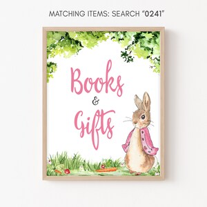 Rosa Peter Rabbit Baby Shower Bücher und Geschenke Schild Mädchen Rustikaler Hase Baby Shower Geschenk Tischschild Frühling Gartenparty Printable Vorlage 0241