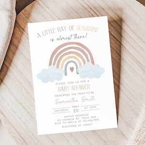 Editable Rainbow Baby Shower Invitation, Boho Baby Shower Invite, A Little Ray of Sunshine Invitation Gender Neutral Printable Template 0252