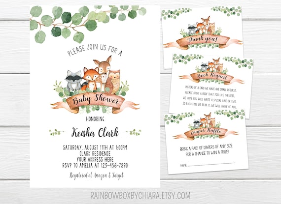 Animal Party DIY Supplies Coed Rustic Gender Reveal Neutral Theme Sprinkle Invite for Boy or Girl 25 Greenery Woodland Baby Shower Invitations Cute Deer Bunny Fill Write in Blank Printable Card