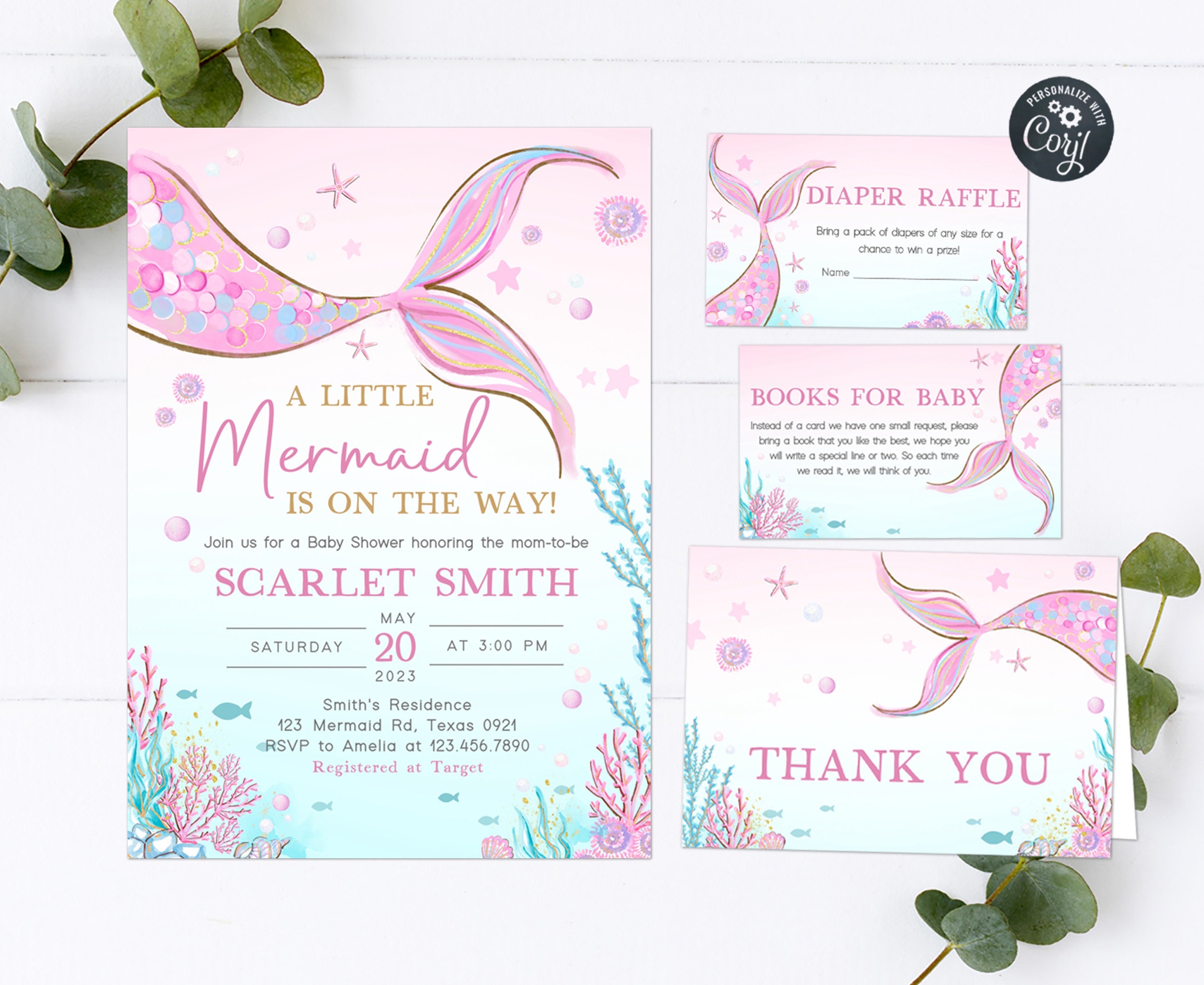Editable Mermaid Baby Shower Invitation Set, Under the Sea Girl Baby ...
