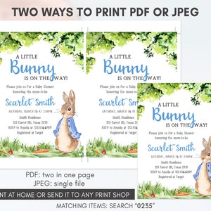 May include: Two printable baby shower invitations featuring a watercolor illustration of a bunny rabbit with blue accents. The invitations are for a baby shower for Scarlet Smith and include the date, time, location, and RSVP information. The text "A Little Bunny is on the Way!" is featured on each invitation.