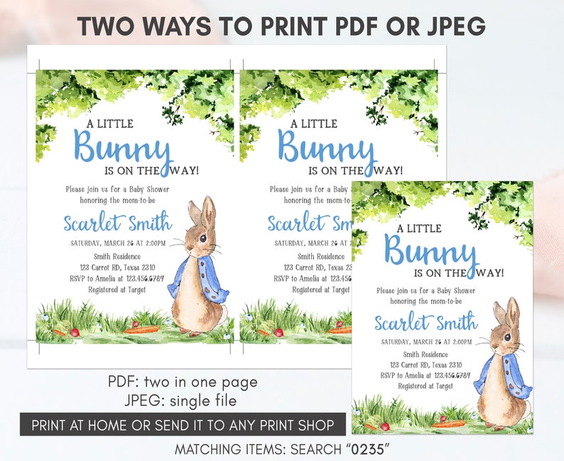 May include: Two printable baby shower invitations featuring a watercolor illustration of a bunny rabbit with blue accents. The invitations are for a baby shower for Scarlet Smith and include the date, time, location, and RSVP information. The text "A Little Bunny is on the Way!" is featured on each invitation.