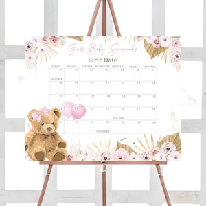 Bearbeitbarer Boho-Bär-Babyparty-Fälligkeitsdatumskalender, Wir können Bären-Babypartykalender warten, rosa Pampasgras-Geburtstagsvorhersage 0418