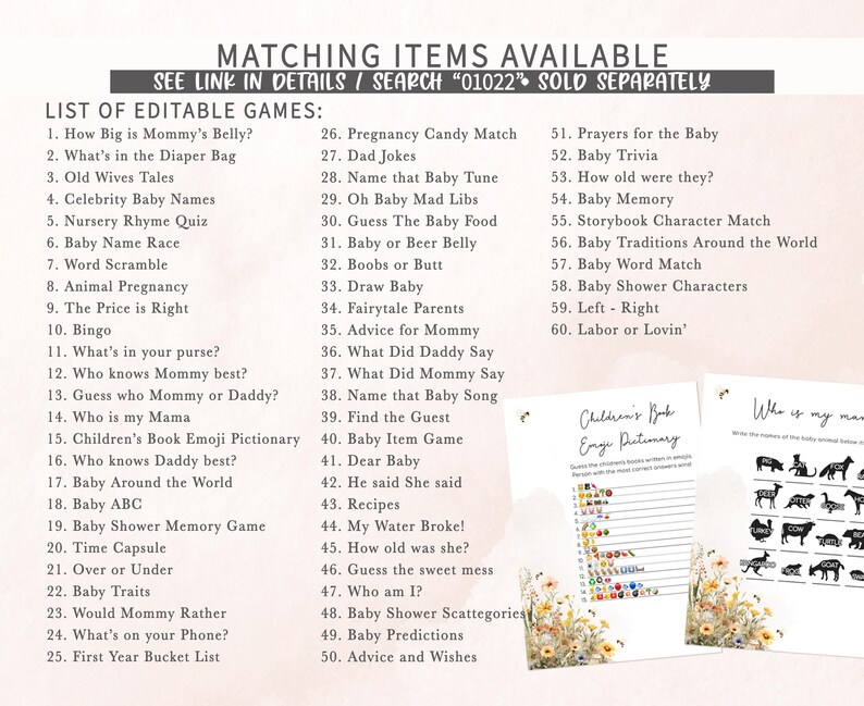 a list of matching items available for a baby shower