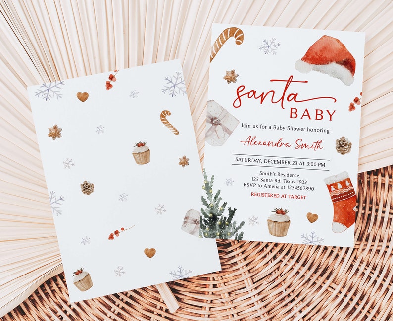 Bewerkbare Santa baby shower uitnodiging, kerst baby shower uitnodiging, genderneutrale Winter Wonderland baby shower uitnodiging sjabloon, 0567 afbeelding 2